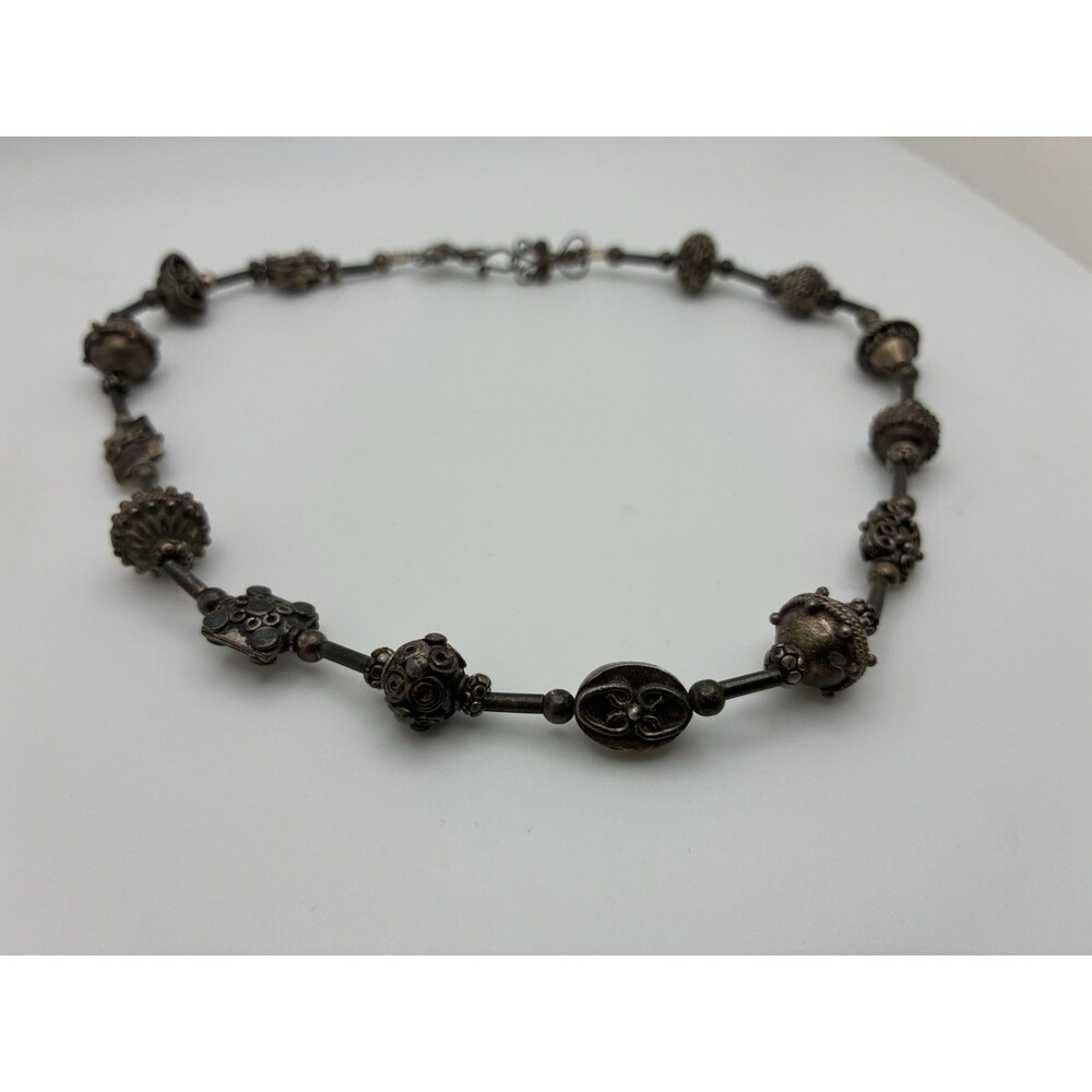 Ethnic Scandinavian Style Ornate Beaded Silver Tested Necklace Hook & Eye 41.66g